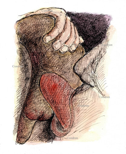 Pen & ink watercolor drawing of a boy rimming the ass of his fuck buddy.