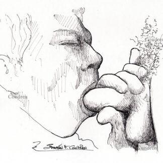 Pen & ink drawing of a hot gay boy sucking a big hairy dick. This cock sucker is thin and trim with good looks.