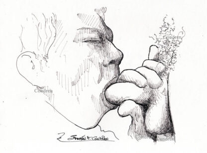 Pen & ink drawing of a hot gay boy sucking a big hairy dick. This cock sucker is thin and trim with good looks.