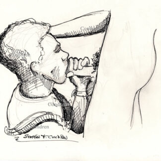 Pen & ink drawing of a hot gay boy sucking a big hairy dick. This cock sucker has a clean-shaven face and is trim and fit.