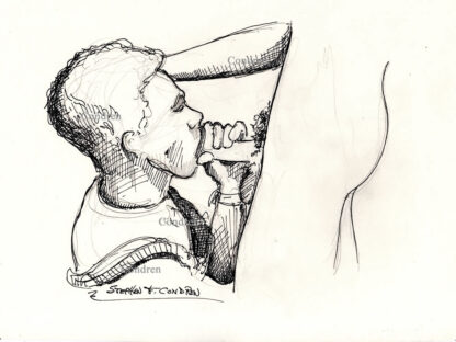 Pen & ink drawing of a hot gay boy sucking a big hairy dick. This cock sucker has a clean-shaven face and is trim and fit.