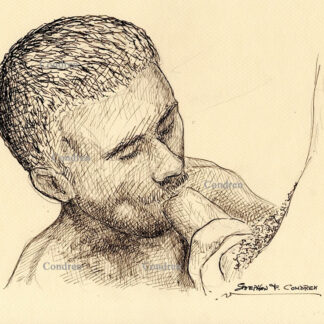 Pen & ink drawing of a hot gay boy sucking a big hairy dick. This cock sucker has a hard body with a fit and trim physique.
