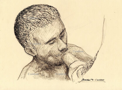 Pen & ink drawing of a hot gay boy sucking a big hairy dick. This cock sucker has a hard body with a fit and trim physique.