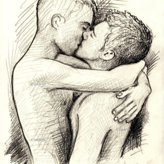 Pencil drawing of two naked brothers kissing for gay incest sex. They have muscular bodies and fit torsos with firm pecs.