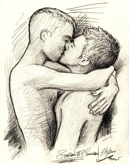 Pencil drawing of two naked brothers kissing for gay incest sex. They have muscular bodies and fit torsos with firm pecs.