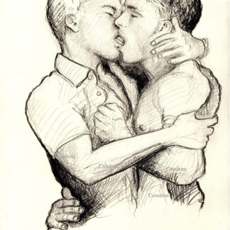 Pencil drawing of two brothers kissing for gay incest sex. They are cute and show their pecs through the torn shirts.
