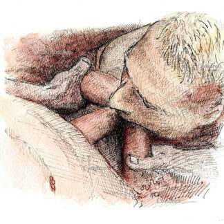 Pen & ink watercolor drawing of a hot gay boy sucking three big hairy dicks. He has a muscular body and a cute face.