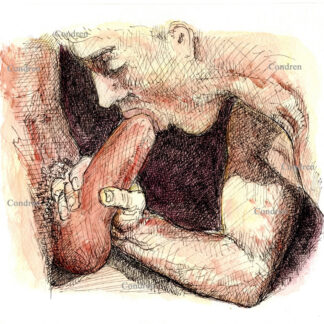 Pen & ink watercolor drawing of a hot gay boy sucking a big hairy dick. He has a muscular body and a cute face.