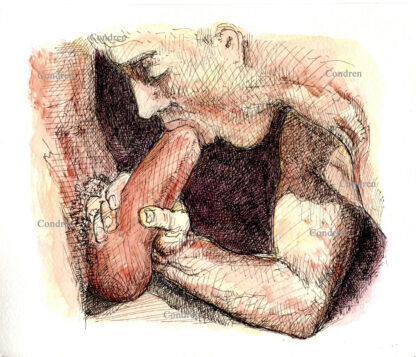 Pen & ink watercolor drawing of a hot gay boy sucking a big hairy dick. He has a muscular body and a cute face.