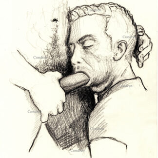 Pencil figure drawing of a hot gay boy sucking a big hairy dick. He has a cute face and a trim, slender body.