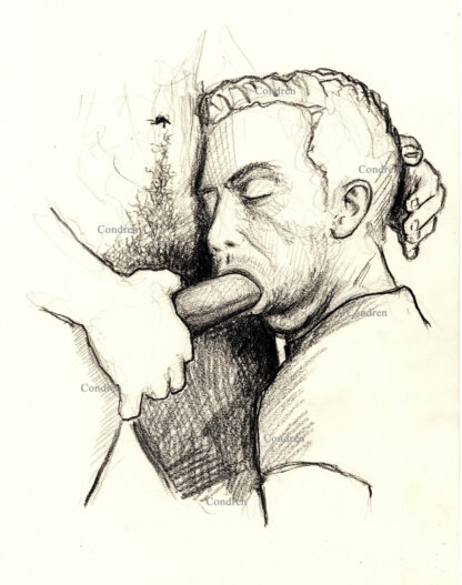 Pencil figure drawing of a hot gay boy sucking a big hairy dick. He has a cute face and a trim, slender body.