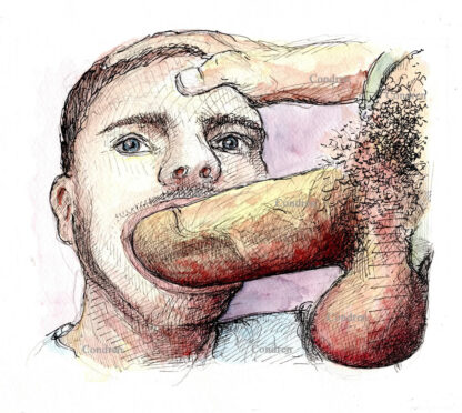 Pen & ink watercolor figure drawing of a hot gay boy sucking a big hairy dick and balls.