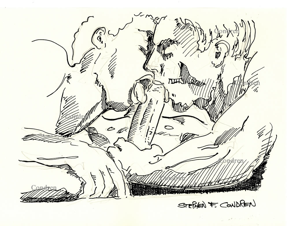 Pen & ink drawing of two hot gay boys sucking and licking a hardon cock. The have muscular bodies and big tongues.