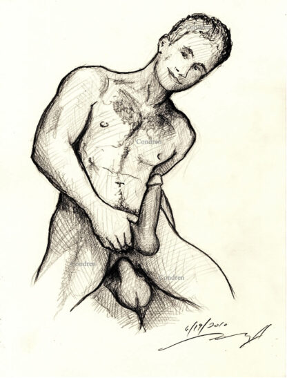 Pencil drawing of two brothers fucking each other in the ass for gay incest sex. They have muscular bodies and firm pecs.