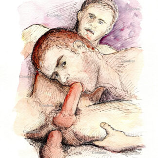 Pen & ink watercolor figure drawing of two gay brothers committing incest by having anal sex with each other.