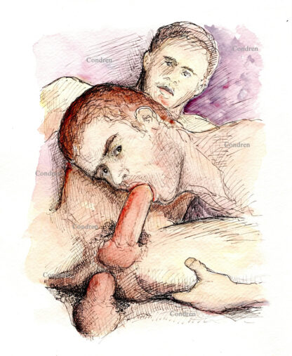Pen & ink watercolor figure drawing of two gay brothers committing incest by having anal sex with each other.
