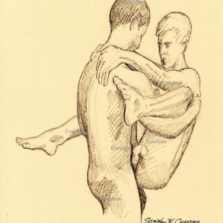Pen & ink figure drawing of two naked brothers committing incest sex by fucking each other. They have muscular bodies.