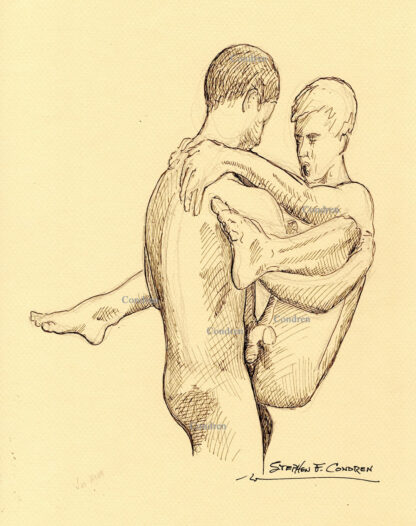 Pen & ink figure drawing of two naked brothers committing incest sex by fucking each other. They have muscular bodies.