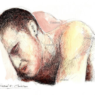 Pen & ink watercolor drawing of a hot gay man lying on a bed while he is getting fucked in his ass by a fuck buddy.