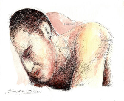 Pen & ink watercolor drawing of a hot gay man lying on a bed while he is getting fucked in his ass by a fuck buddy.