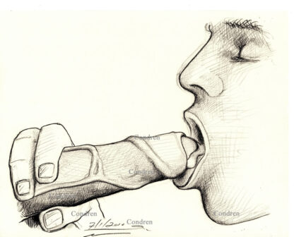 Pen & ink drawing of a hot young gay boy taking cum in his mouth from a man jacking off into it. He has a cute face.