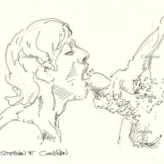 Pen & ink drawing of a hot young gay boy taking cum in his mouth from a man jacking off into it. He has a cute face.