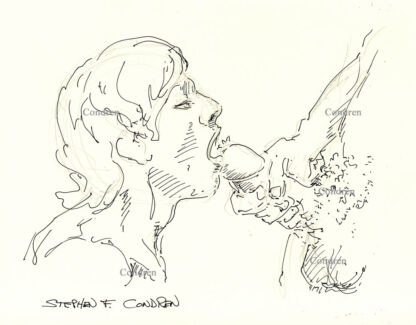 Pen & ink drawing of a hot young gay boy taking cum in his mouth from a man jacking off into it. He has a cute face.