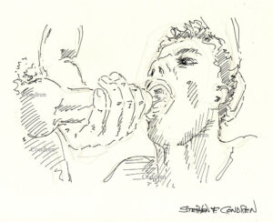 Pen & ink drawing of a hot young gay boy taking cum in his mouth from a man jacking off into it. He has a cute face. Certificate of Authenticity. Dude jacking off, gay male pencil figure drawing. 