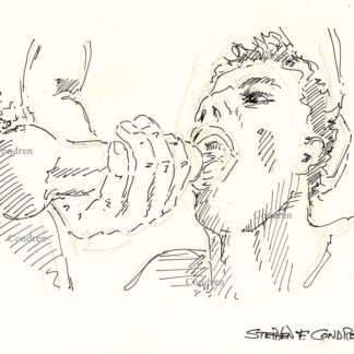 Pen & ink drawing of a hot young gay boy taking cum in his mouth from a man jacking off into it. He has a cute face.
