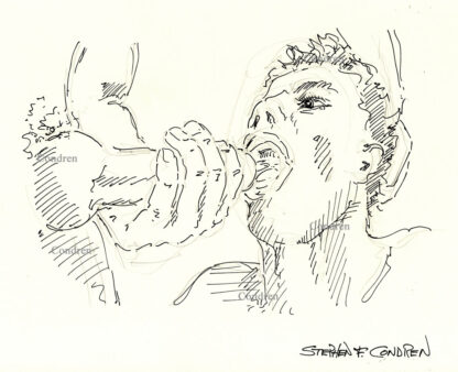 Pen & ink drawing of a hot young gay boy taking cum in his mouth from a man jacking off into it. He has a cute face.