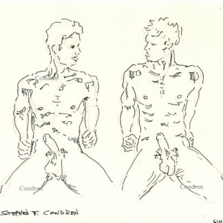 Pen & ink drawing of two naked brother sitting up with hardon cocks looking at each other for gay incest sex.