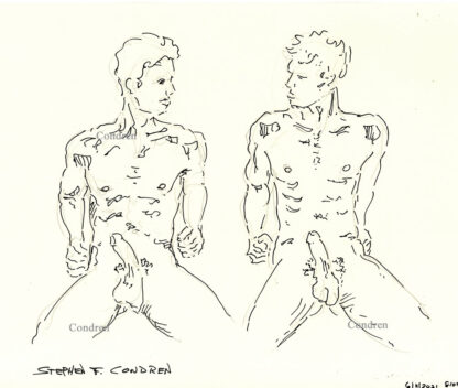 Pen & ink drawing of two naked brother sitting up with hardon cocks looking at each other for gay incest sex.