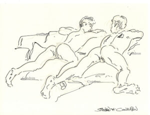 Pen & ink drawing of two naked brothers lying face down on a bed for gay incest sex. They have muscular bodies and pecs. Nude incest brothers embrace.