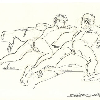 Pen & ink drawing of two naked brothers lying face down on a bed for gay incest sex. They have muscular bodies and pecs.