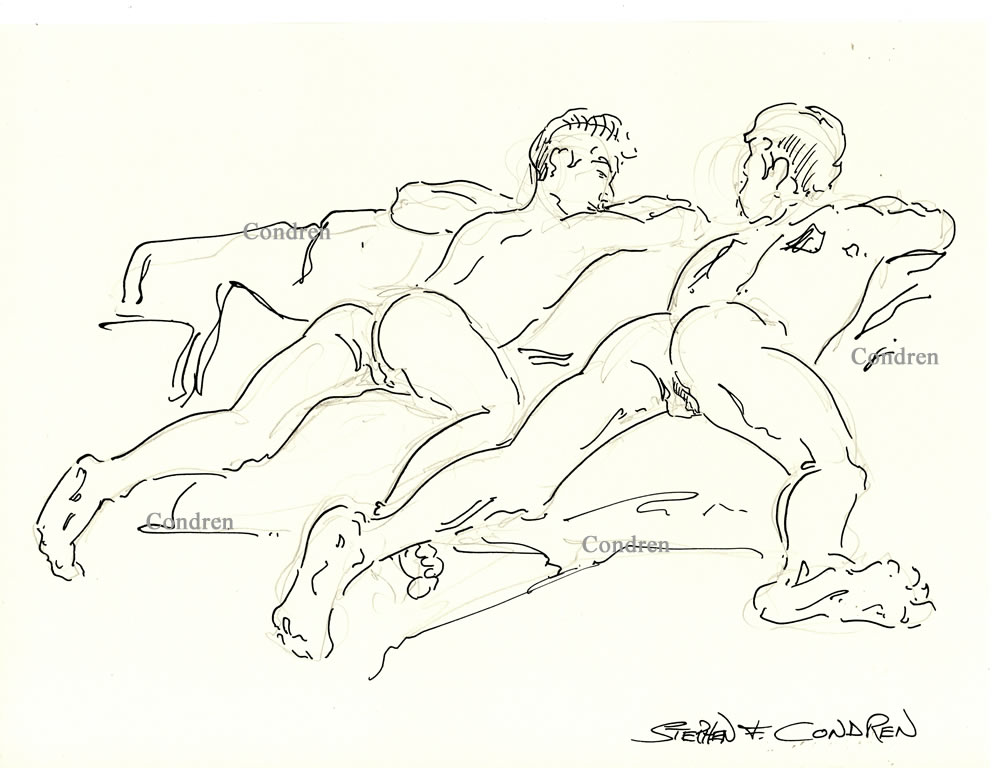 Pen & ink drawing of two naked brothers lying face down on a bed for gay incest sex. They have muscular bodies and pecs.