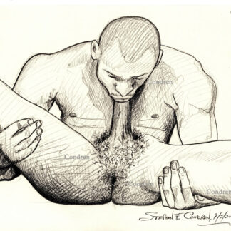 Pencil drawing of a hot gay boy self-sucking his big hairy dick. He has a muscular body with firm pecs and abs.