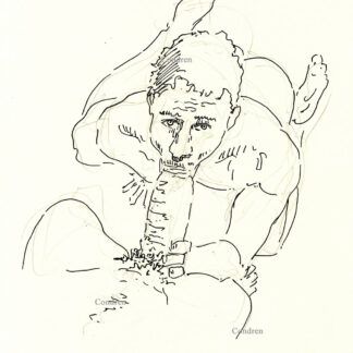 Pen & ink drawing of a hot gay boy sucking a big hairy dick. He has a muscular body with fit shoulders and slender legs.