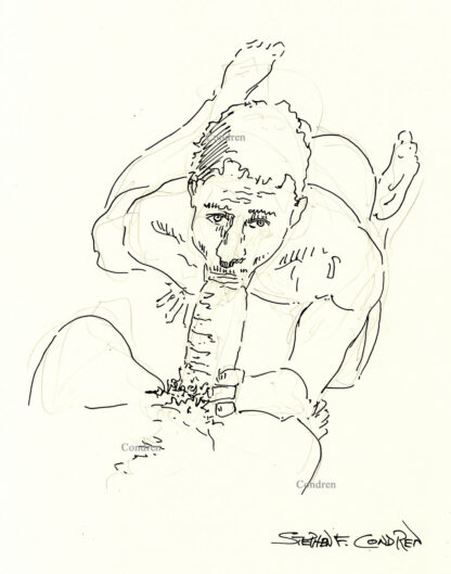 Pen & ink drawing of a hot gay boy sucking a big hairy dick. He has a muscular body with fit shoulders and slender legs.