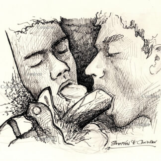 Pen & ink drawing of two hot boys sucking a big hairy dick from unzipped blue jeans. They have big lips and tongues.