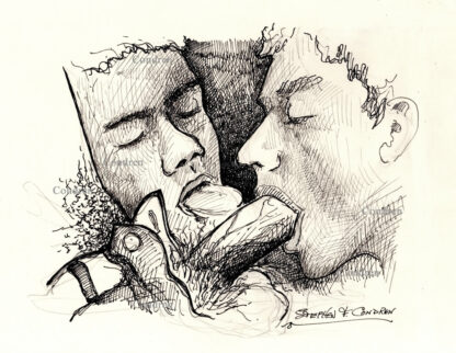 Pen & ink drawing of two hot boys sucking a big hairy dick from unzipped blue jeans. They have big lips and tongues.