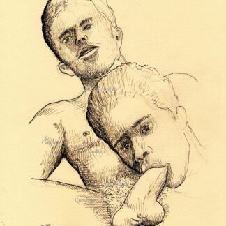 Pen & ink drawing of two naked gay boys sucking each other's hardon cocks. The have muscular bodies and are hot.