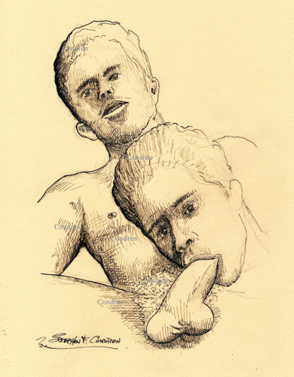 Pen & ink drawing of two naked gay boys sucking each other's hardon cocks. The have muscular bodies and are hot.