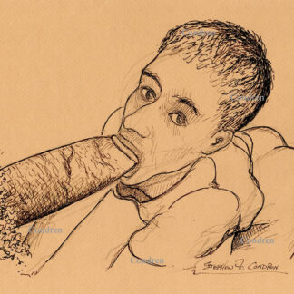 Pen & ink drawing of a hot gay boy sucking a big hairy dick. He has a cute face and a trim, slender body with big eyes.