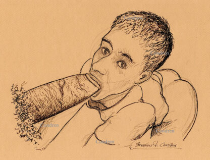 Pen & ink drawing of a hot gay boy sucking a big hairy dick. He has a cute face and a trim, slender body with big eyes.