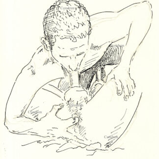 Pen & ink drawing of two naked gay boys doing 69 oral sex on a bed. These cock suckers are fellatio boys and they are cute.