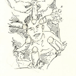 Pen & ink drawing of a boy sucking six dicks for a bukkake gay male orgy. This cock sucker is a fellatio boy and cute.