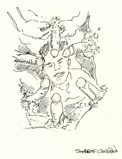 Pen & ink drawing of a boy sucking six dicks for a bukkake gay male orgy. This cock sucker is a fellatio boy and cute.