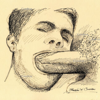 Pen & ink drawing of a hot gay boy sucking a big hairy dick. This cock sucker is thin and trim with a cute face.