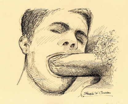 Pen & ink drawing of a hot gay boy sucking a big hairy dick. This cock sucker is thin and trim with a cute face.