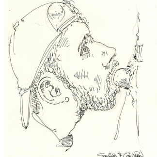 Pen & ink drawing of a young hot gay boy sucking a big hairy dick. He is wearing a ball cap and his eyes are wide opened.